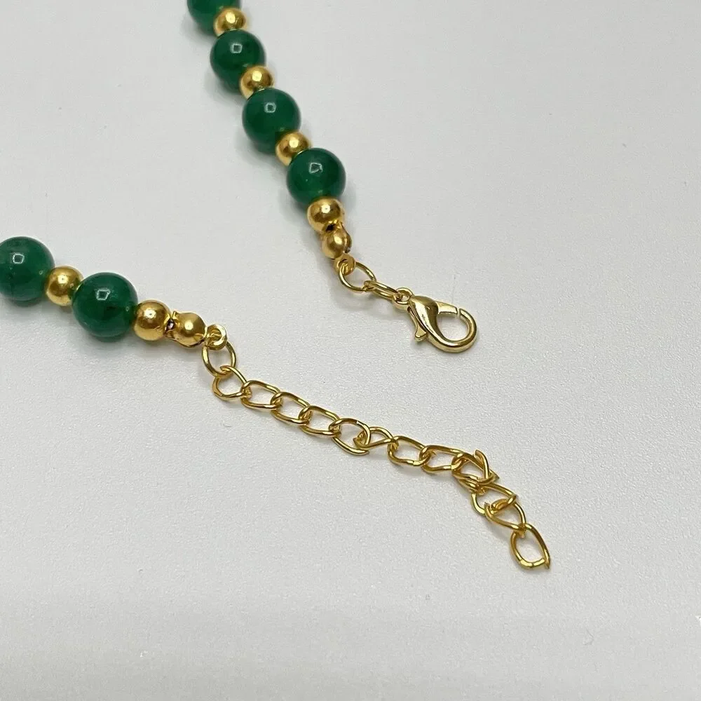 Artisan Handcrafted Green Gemstone Gold Tone Beaded Statement Necklace Elegant